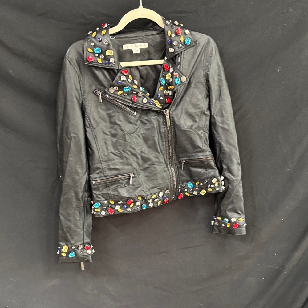Boston Proper Black Leather Jacket with Colorful Embellishments